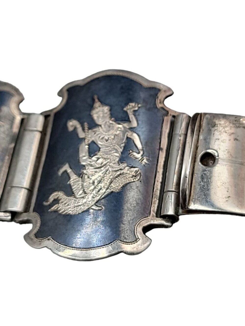 Siam Sterling Silver Bracelet 925 Niello Hindu Goddess Enamel Hinged Panel SZ 7 - Picture 8 of 16